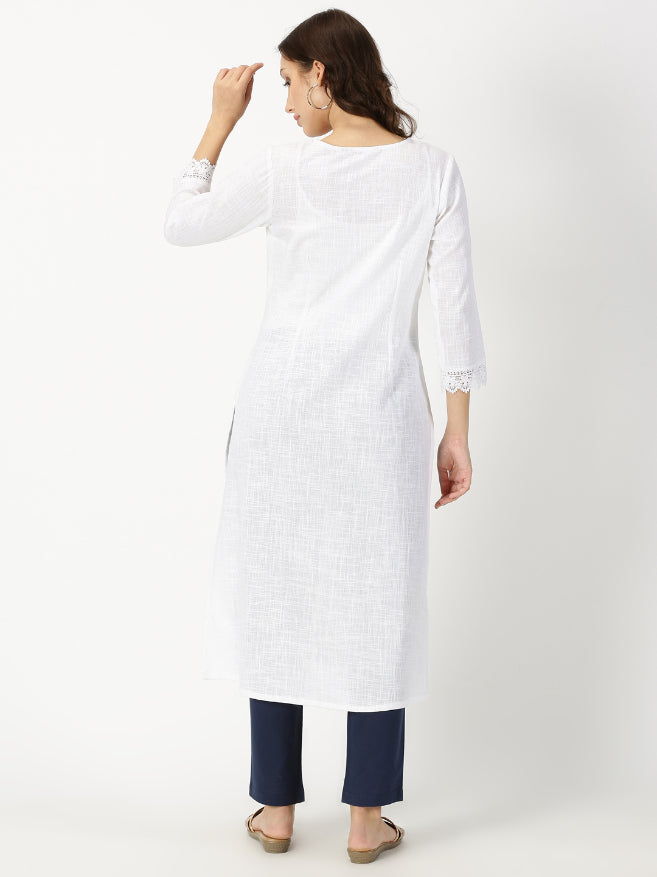 White Slub Kurta with Kashida Embroidery