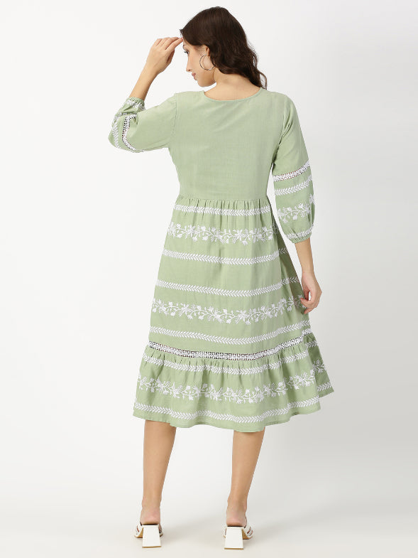 Pastel Green Boho Embroidered Midi Dress