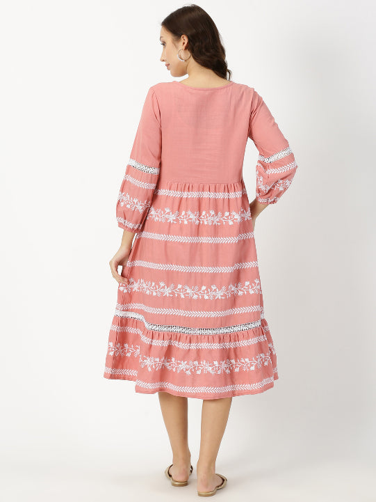 Peach Boho Embroidered Midi Dress