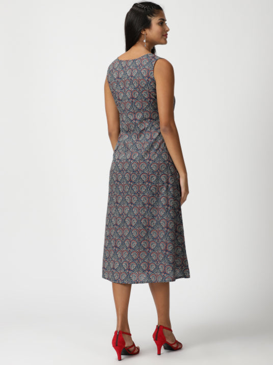 Navy Blue Ethnic Motifs Printed Panelled Midi Dress
