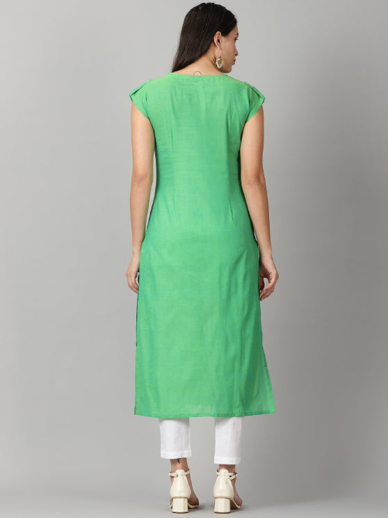 Green Cotton Embroidered Neck Kurta