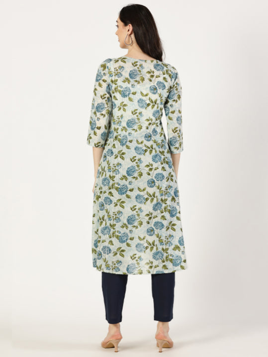 Blue Floral Print Kurta with Yoke Embroidery