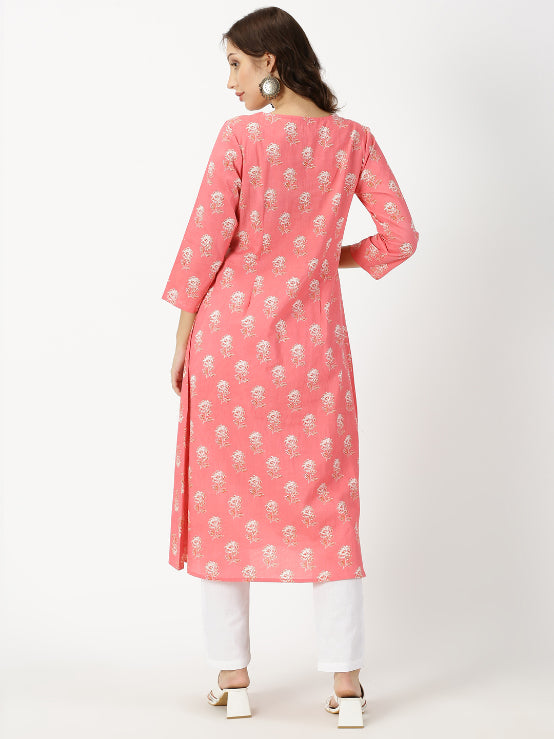 Coral Floral Print Kurta with Lucknowi Chikankari Embroidery