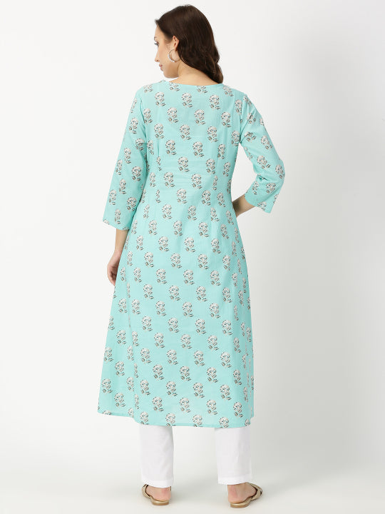 Turquoise Blue Floral Print Kurta with Yoke Embroidery
