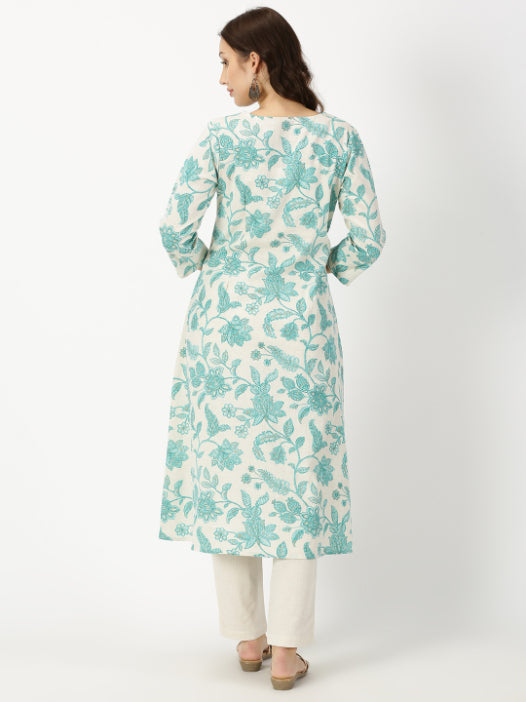 Sea Green Floral Print Kurta with Neck Embroidery