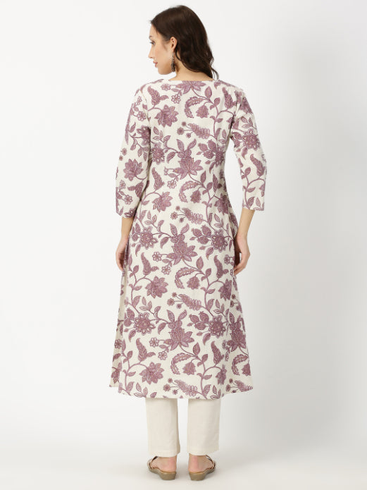 Purple Floral Print Kurta with Neck Embroidery