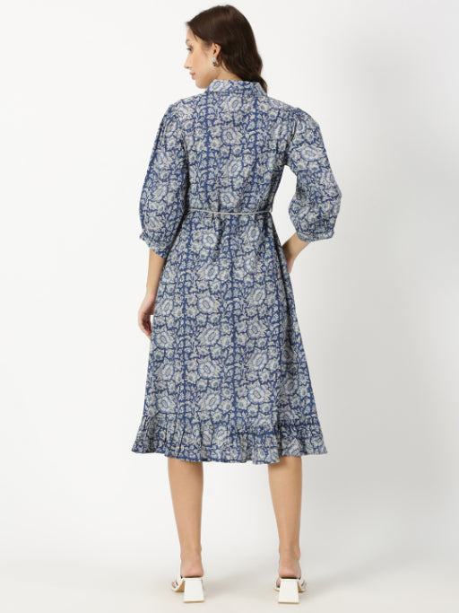 Blue Floral Print Boho Midi Dress with Belt