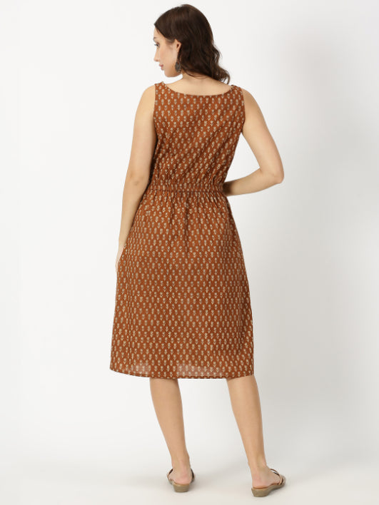 Brown Lotus Print Midi Dress with Waist Tie-up