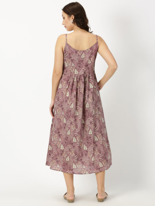 Mauve Leaf Print Strappy Midi Dress