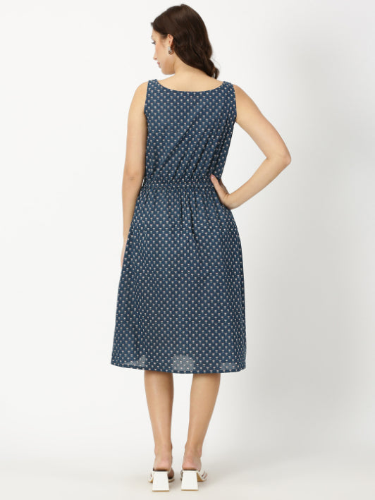 Navy Blue Lotus Print Midi Dress with Waist Tie-up
