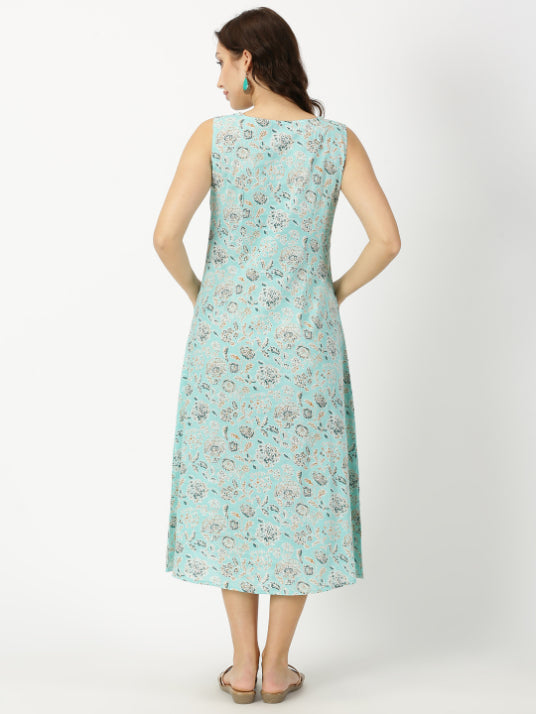 Turquoise Blue Floral Print Panelled Midi Dress
