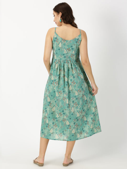 Green Leaf Print Strappy Midi Dress