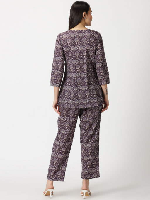 Purple Floral Cotton Tunic with Chikankari Embroidered Yoke