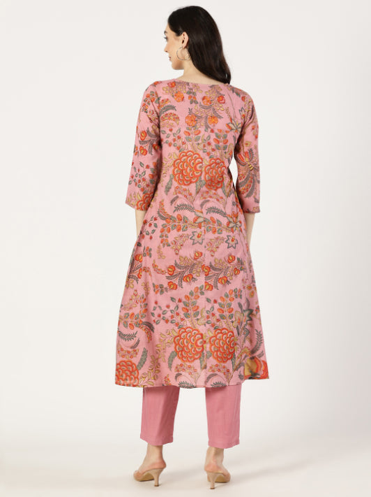 Pink Floral Print Kurta with Neck Embroidery