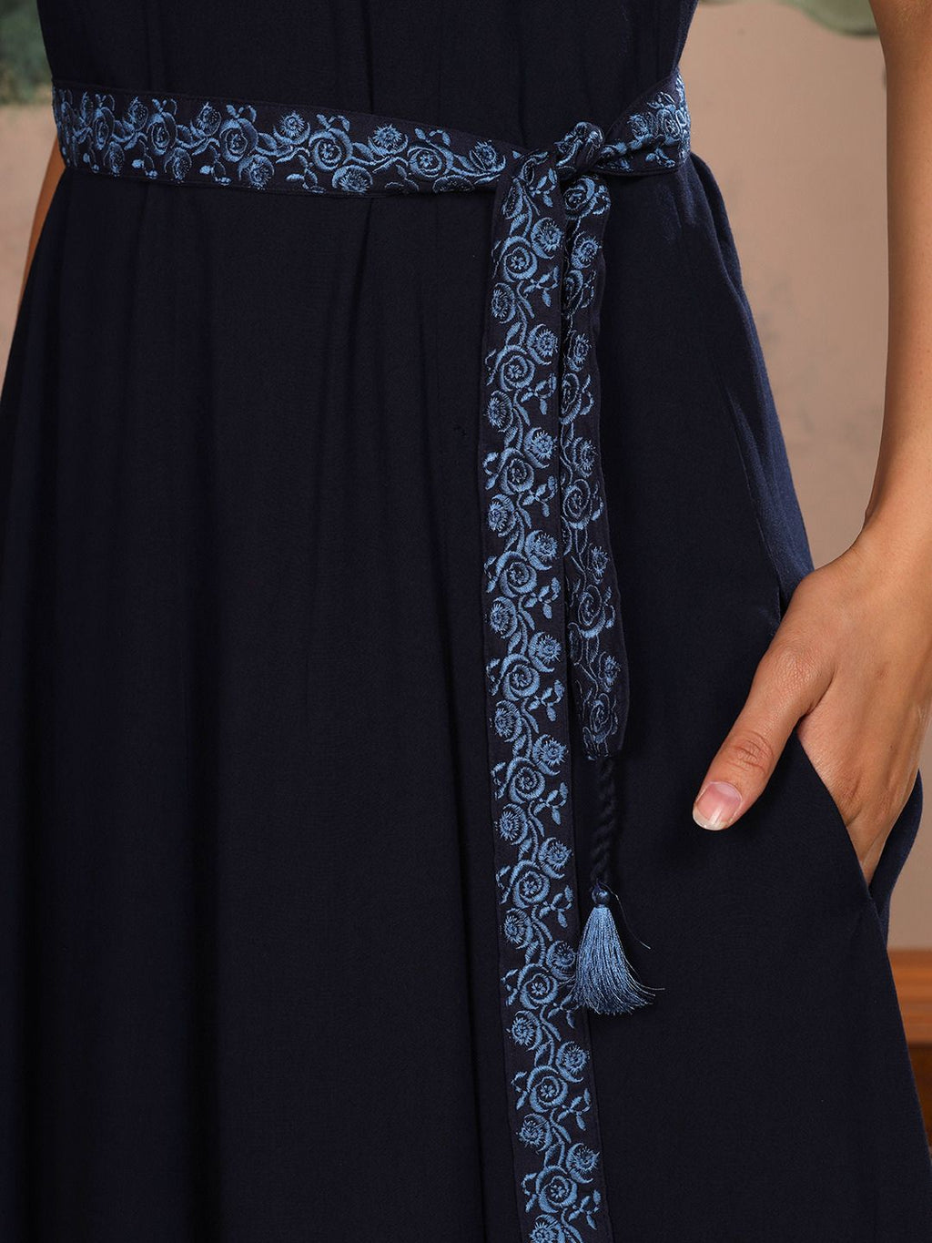 Midnight Navy Blue Parsi Gara Belted A-Line Dress