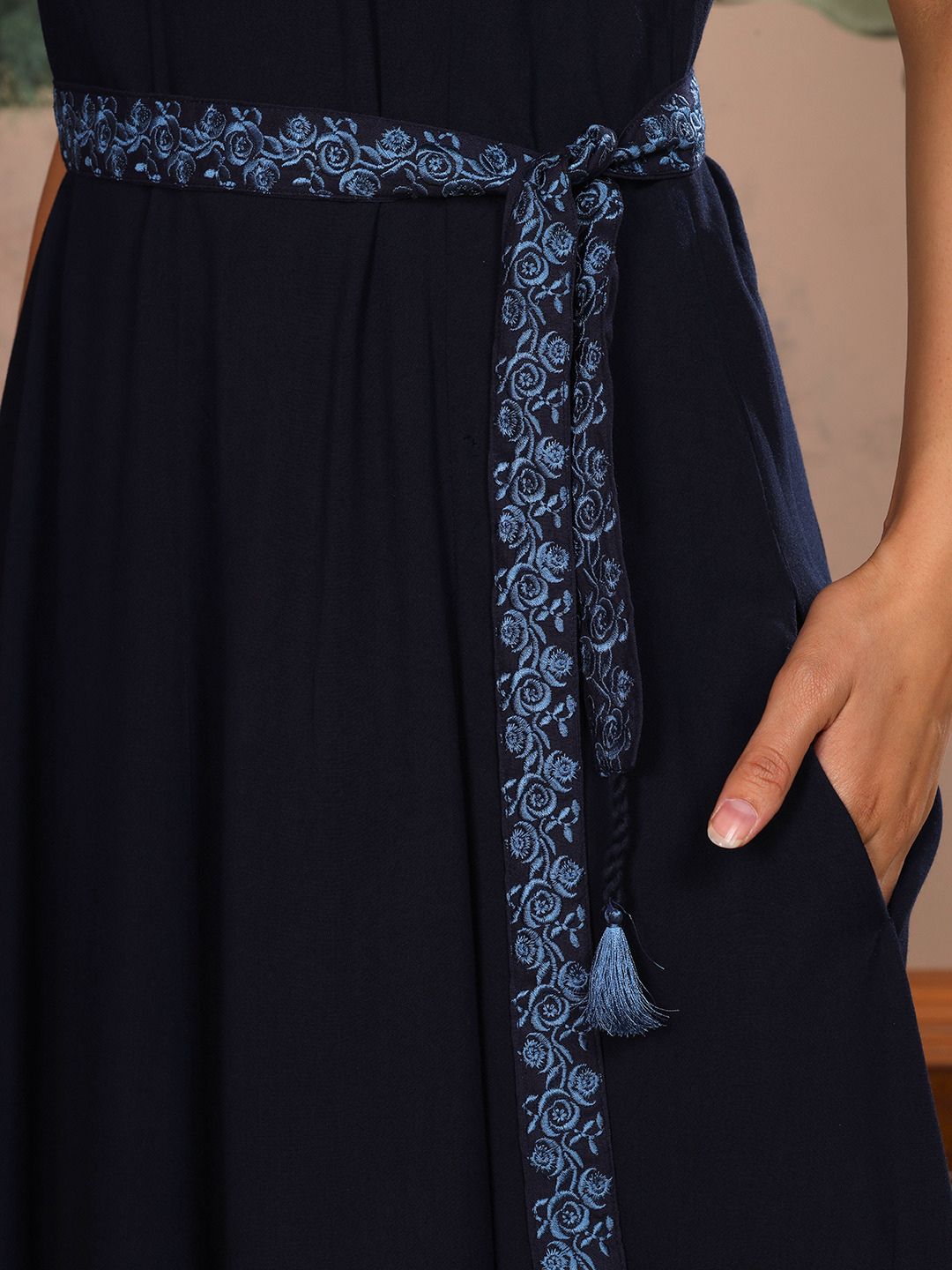 Midnight Navy Blue Parsi Gara Belted A-Line Dress