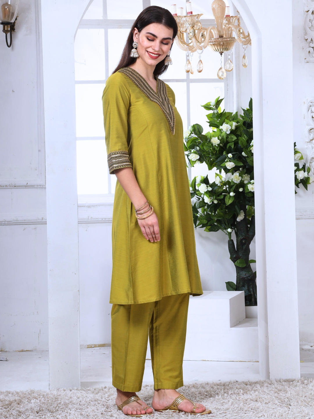 Green Art Silk Embroidered Lace Kurta and Palazzo Set