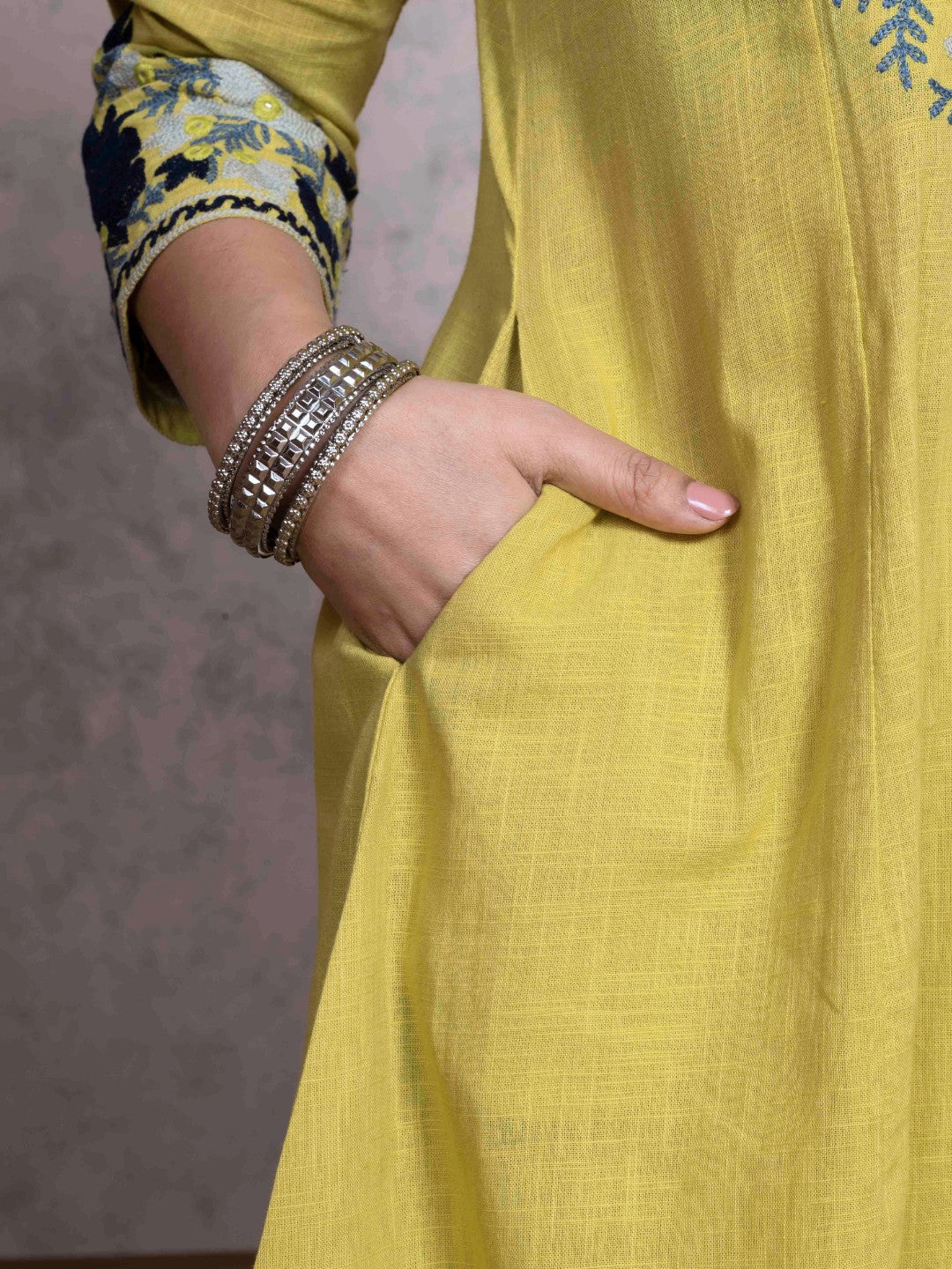 Lime Blossom Kashida Embroidered A-Line Cotton Kurta Set with Salwar