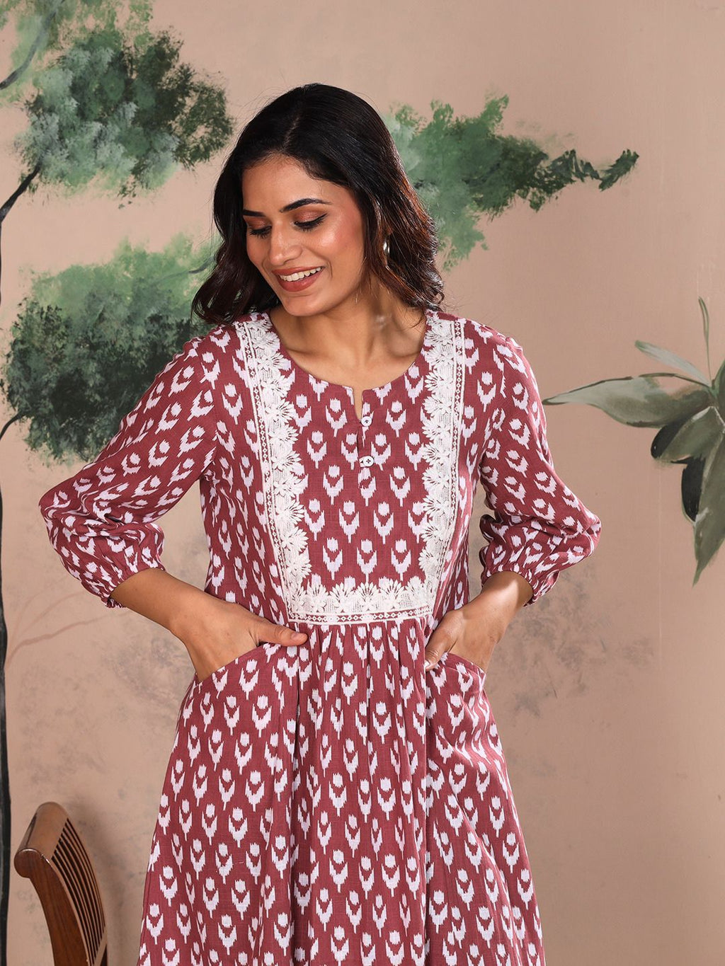 Rosewood Pink Cotton Slub Dress Waist Yoke with Embroidery