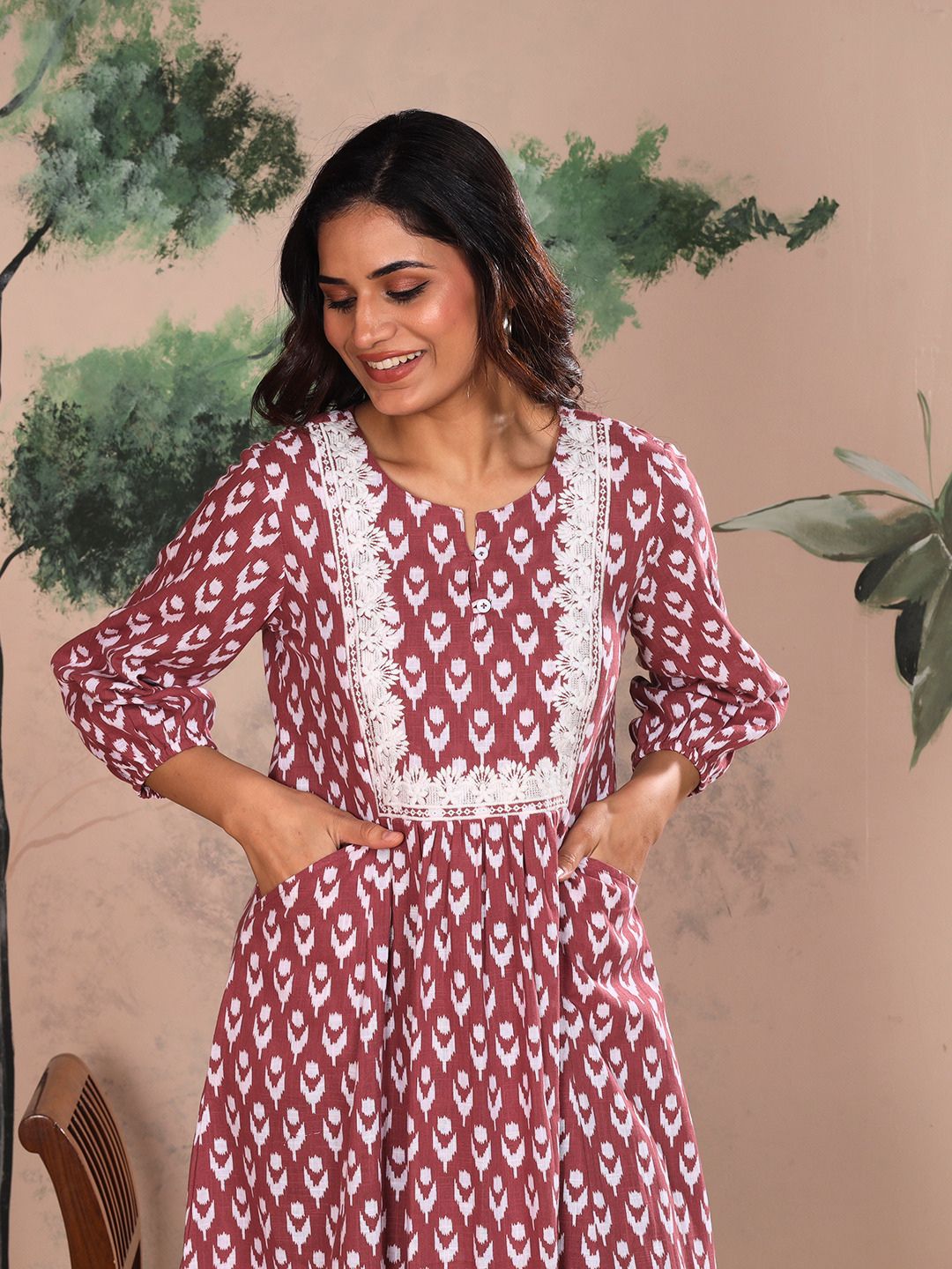 Rosewood Pink Cotton Slub Dress Waist Yoke with Embroidery