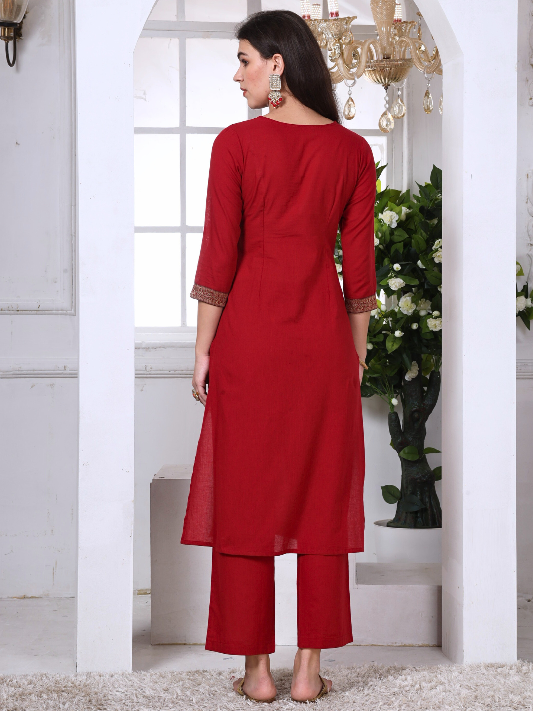 Red Cotton Embroidered Kurta Set with Brocade Lace