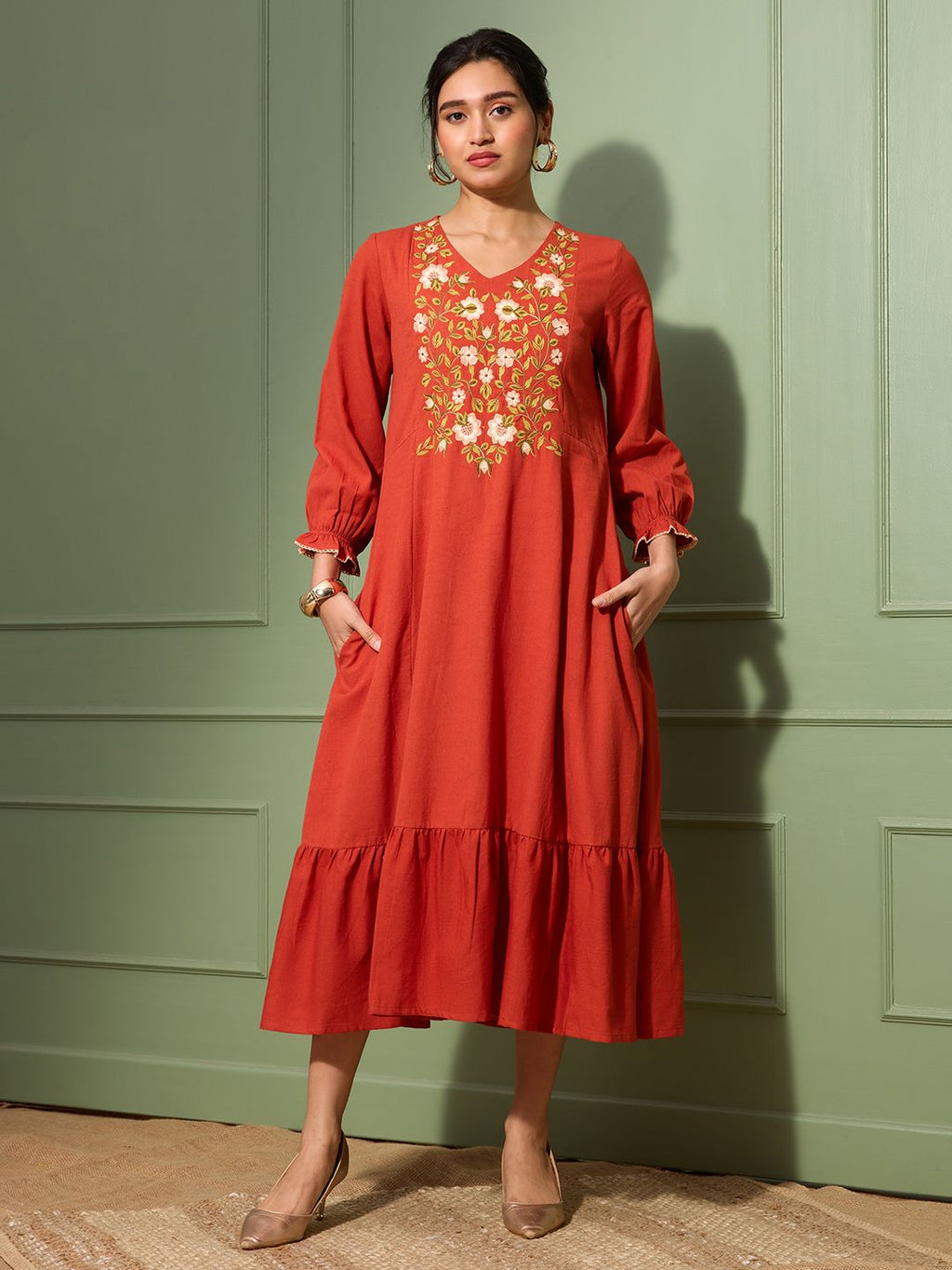 Terracotta Rust Embroidered Cotton Linen Dress