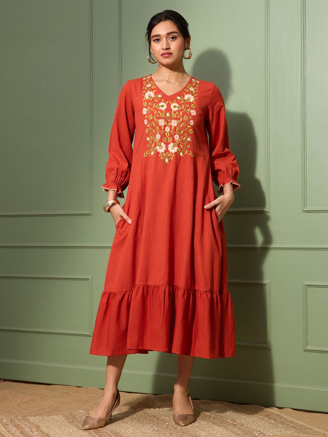Terracotta Rust Embroidered Cotton Linen Dress