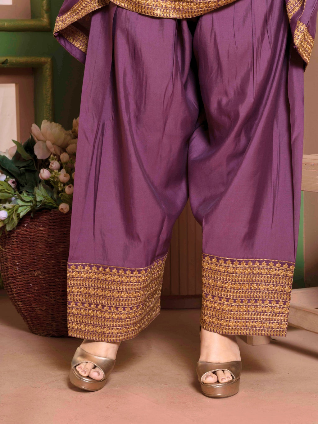 Dusty Plum Kashida Embroidered A-Line Kurta with Farshi Salwar and Dupatta