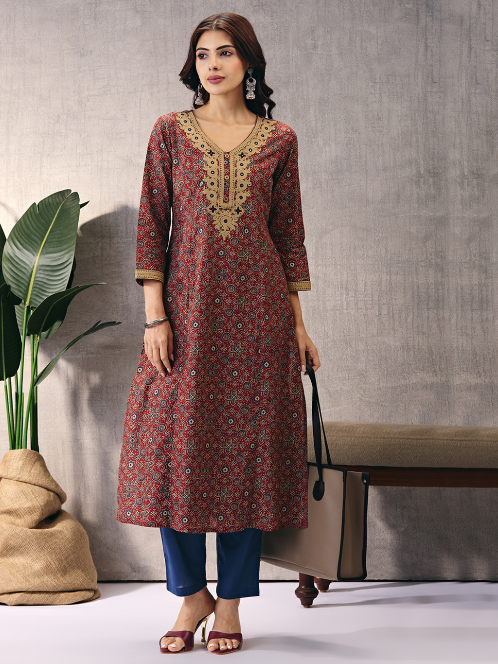 Maroon Sanganeri Block Motifs Kurta with Embroidery