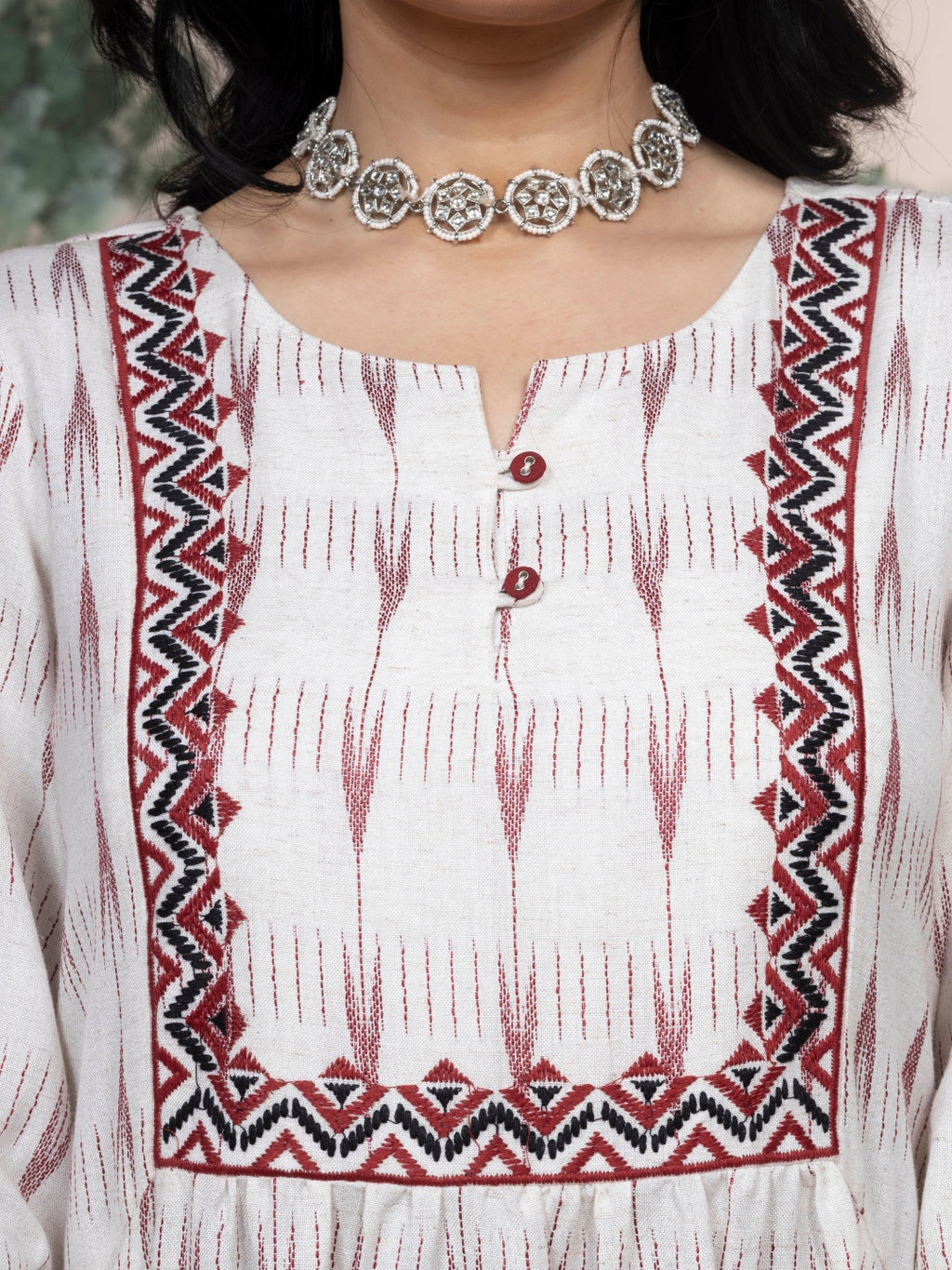 Ecru Dobby Kurta with Deep Red Motifs & Embroidered Yoke