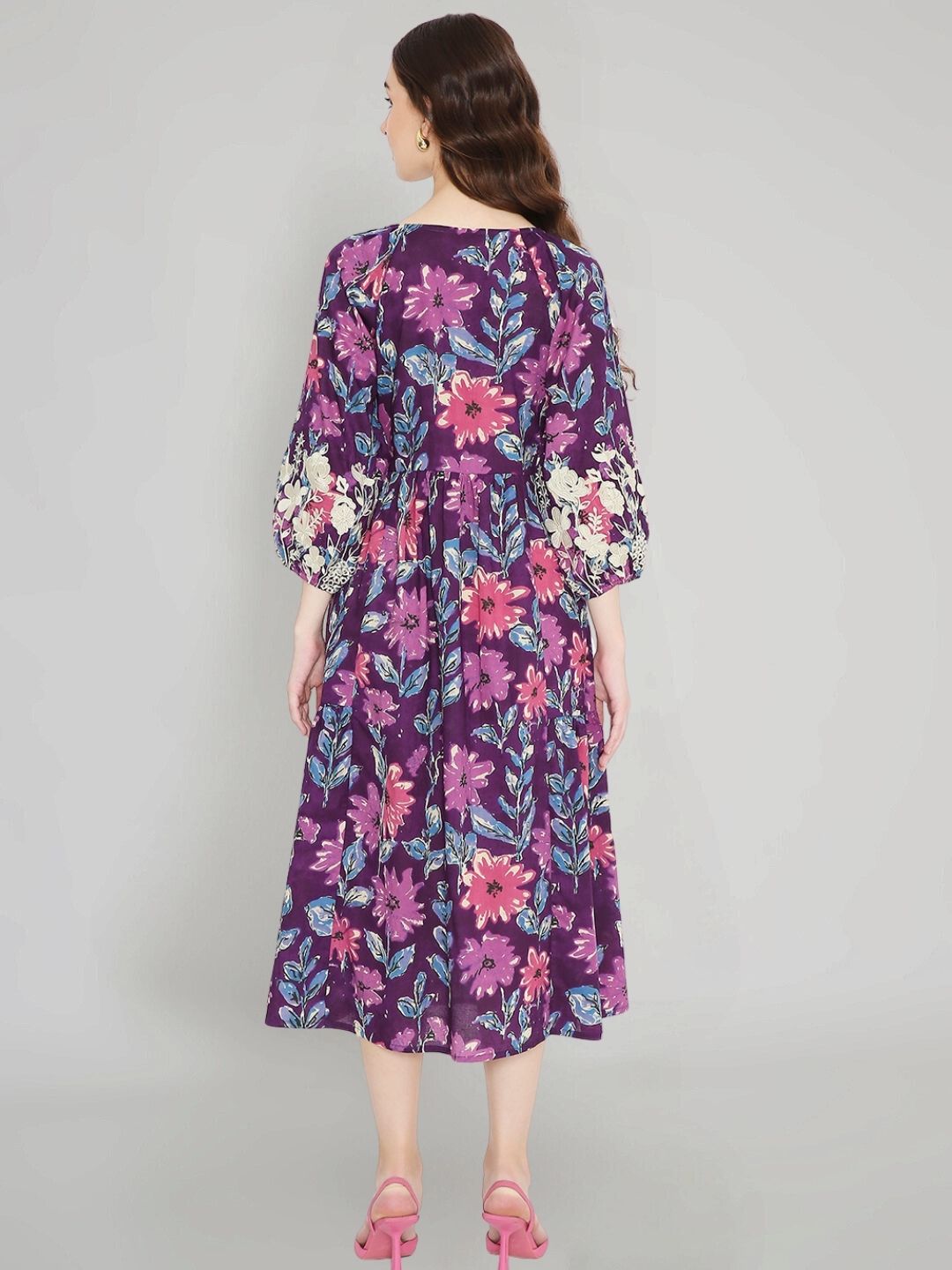 Purple Floral Print Cotton Dress with Neck Embroidery