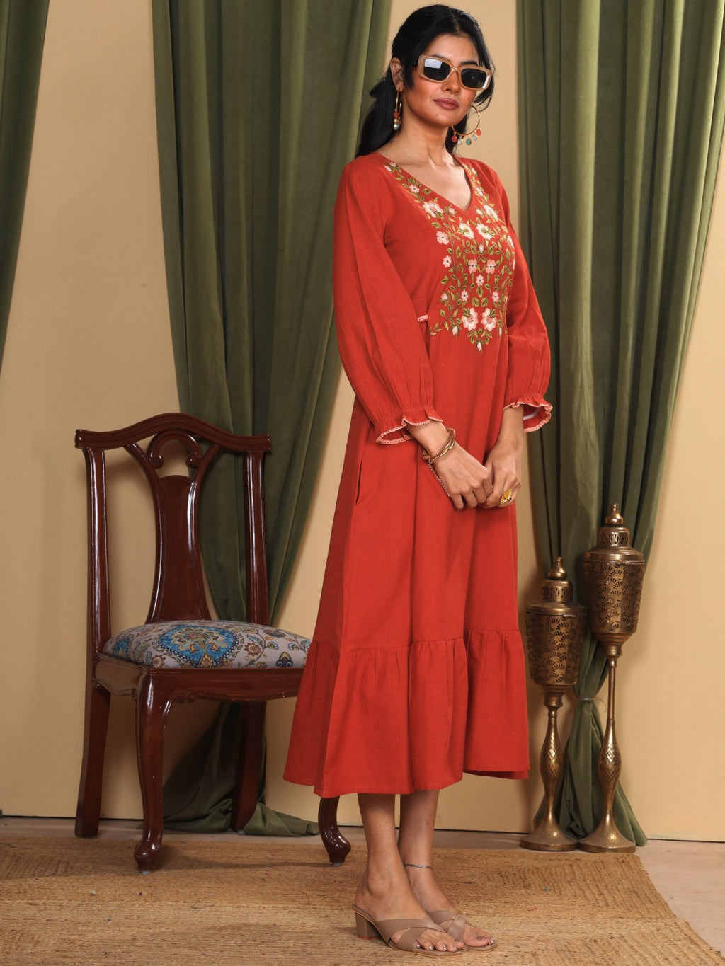 Terracotta Rust Embroidered Cotton Linen Dress
