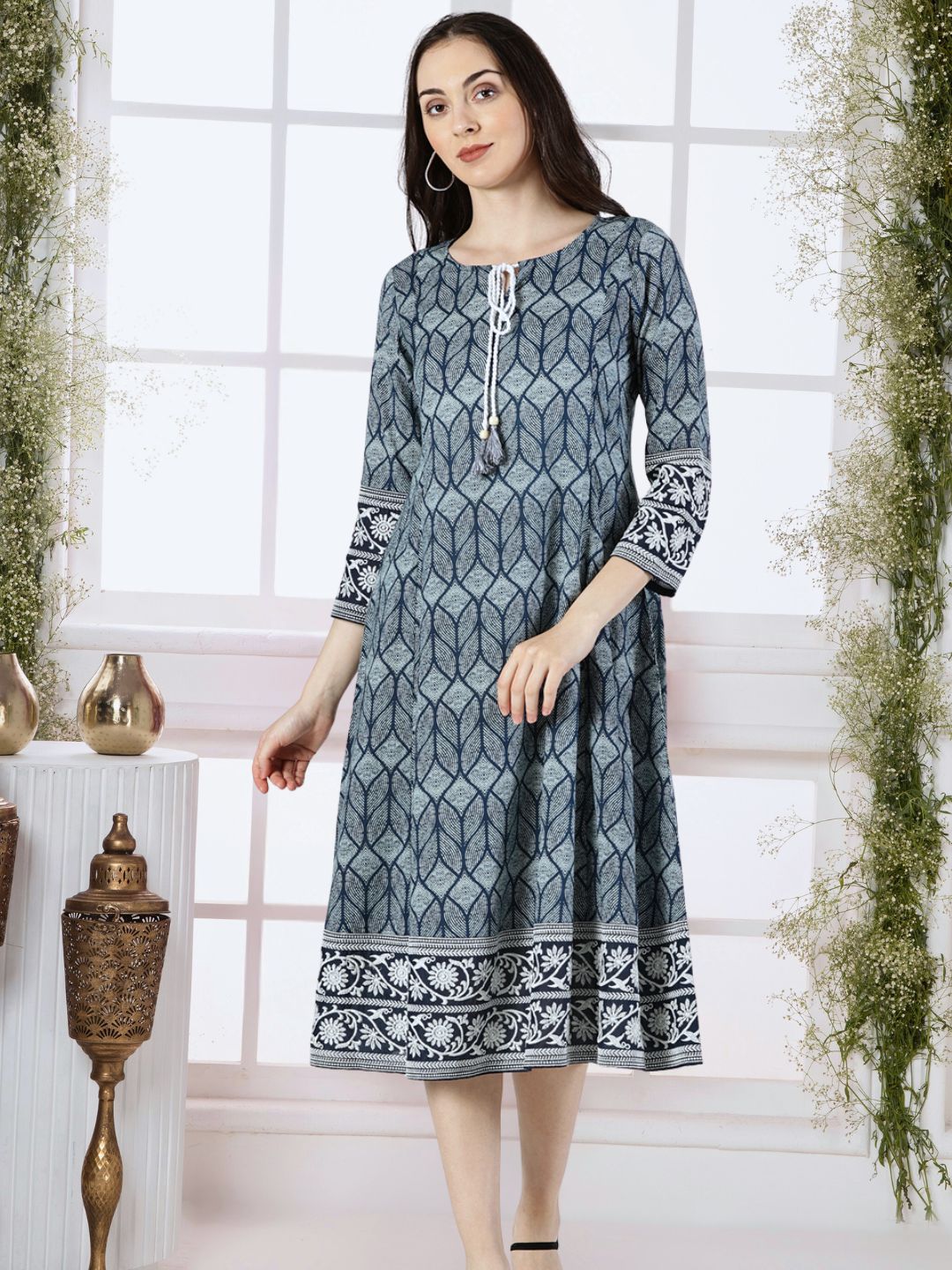 Blue Cotton Embroidered Dress with Neck Tie-up