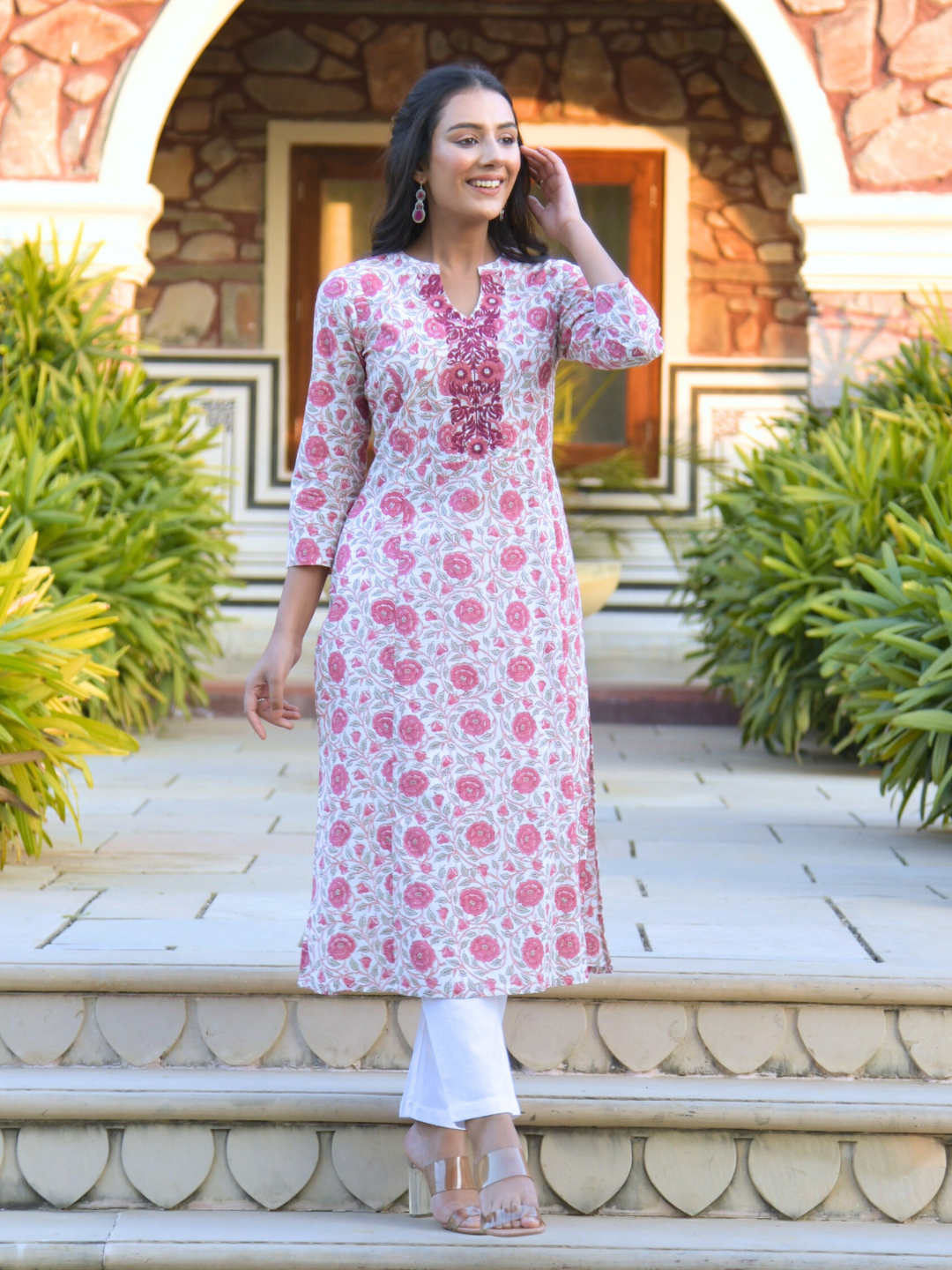 White-Pink Floral Print Kurta with Neck Embroidery