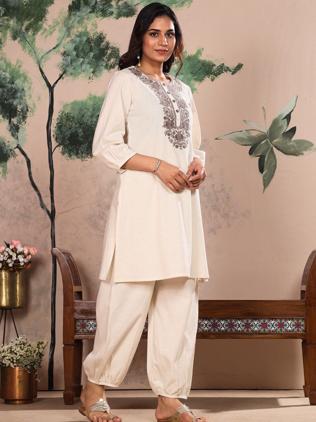 Ecru Natural Embroidered Kurta Set with Piping Salwar