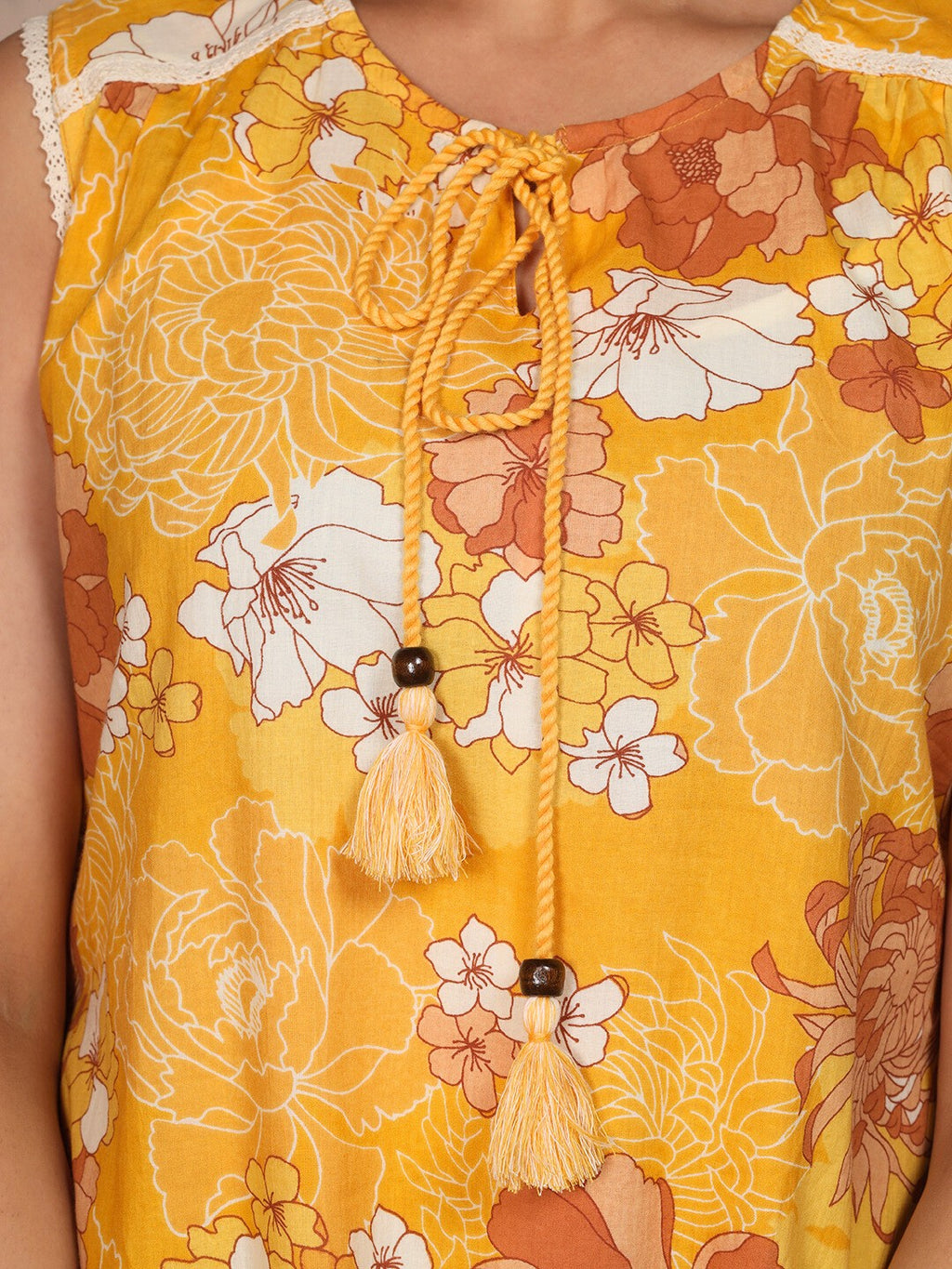 Vintage Yellow Floral Cotton A-Line Dress for Women