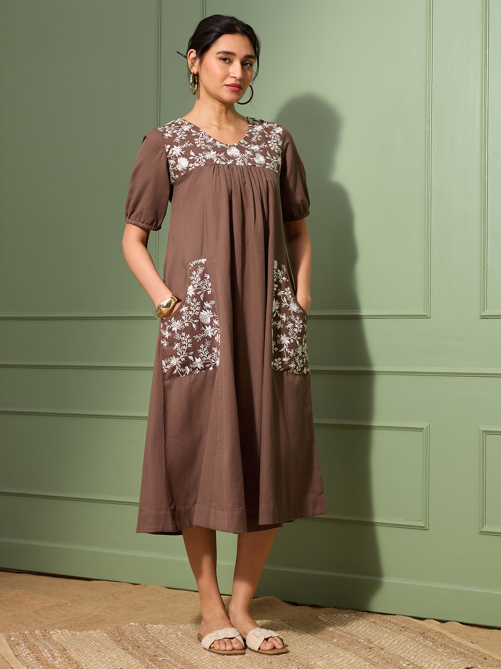 Mocha Brown Cotton Linen Dress A-Line with Parsi Gara Inspired Embroidery