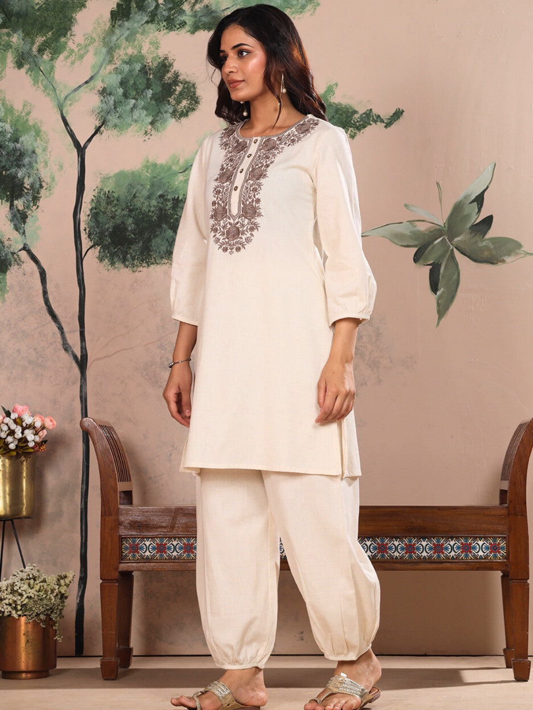 Ecru Natural Embroidered Kurta Set with Piping Salwar