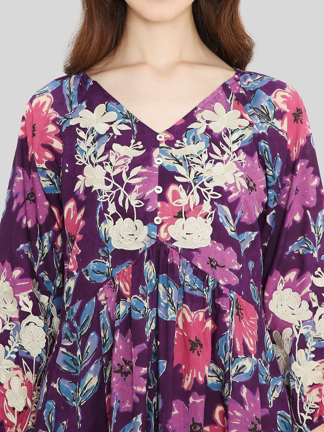 Purple Floral Print Cotton Dress with Neck Embroidery