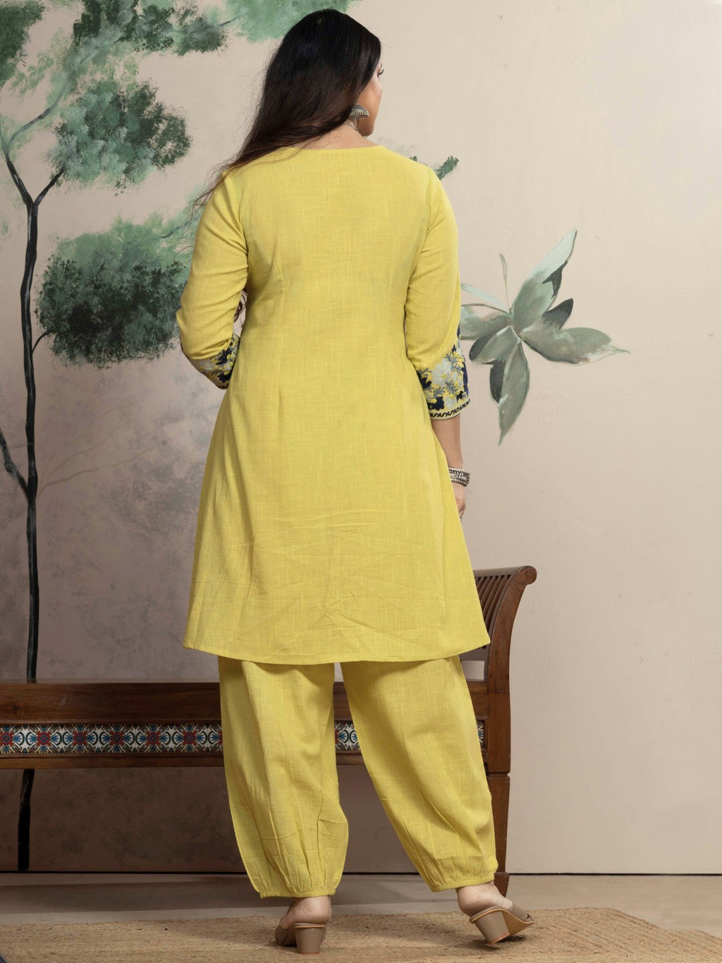 Lime Blossom Kashida Embroidered A-Line Cotton Kurta Set with Salwar