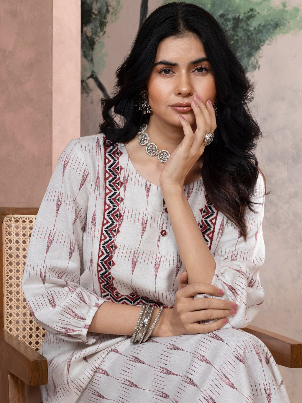 Ecru Dobby Kurta with Deep Red Motifs & Embroidered Yoke