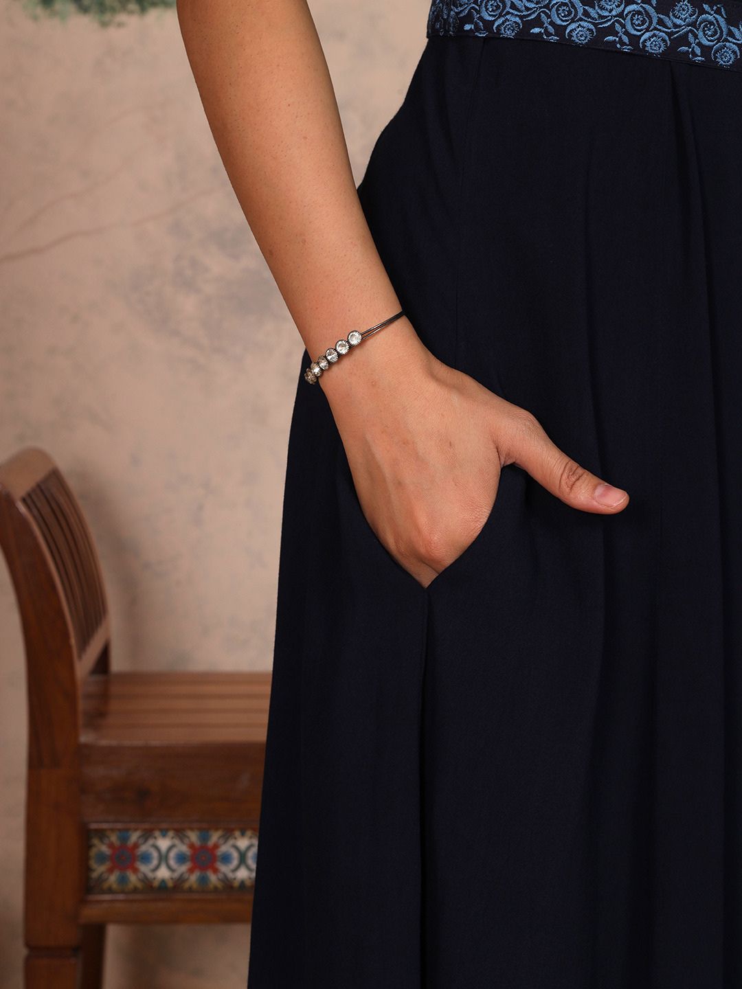 Midnight Navy Blue Parsi Gara Belted A-Line Dress
