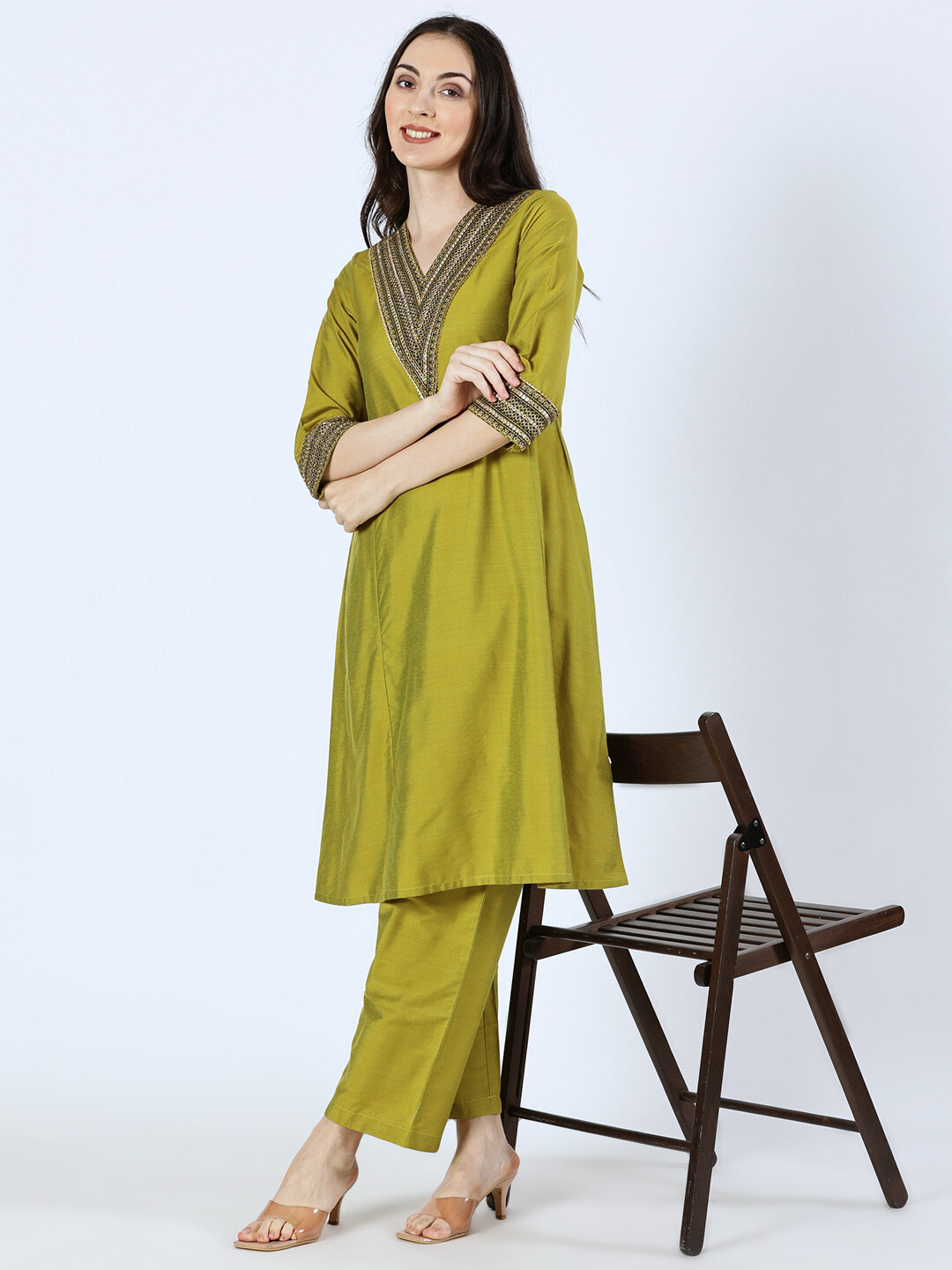 Green Art Silk Embroidered Lace Kurta and Palazzo Set