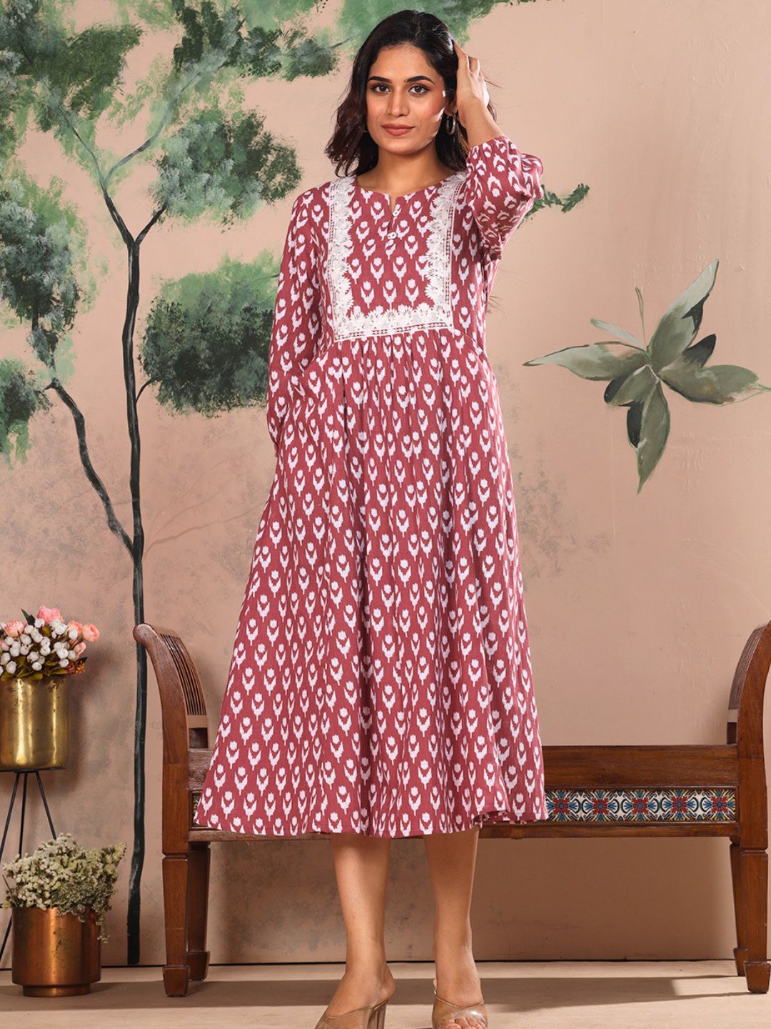 Rosewood Pink Cotton Slub Dress Waist Yoke with Embroidery