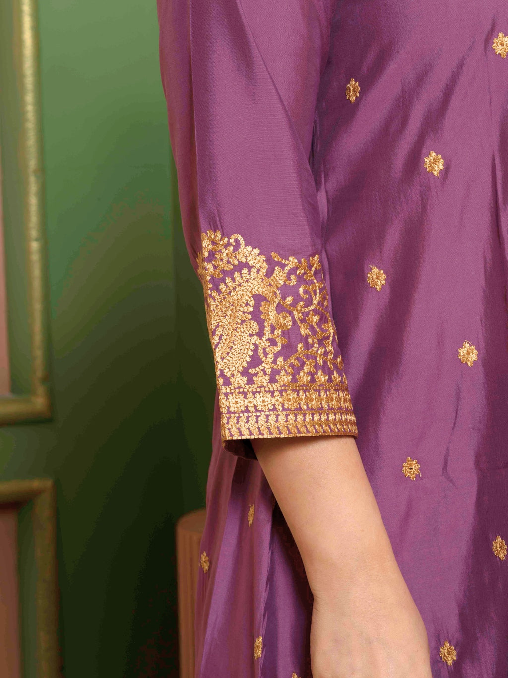 Dusty Plum Kashida Embroidered A-Line Kurta with Farshi Salwar and Dupatta