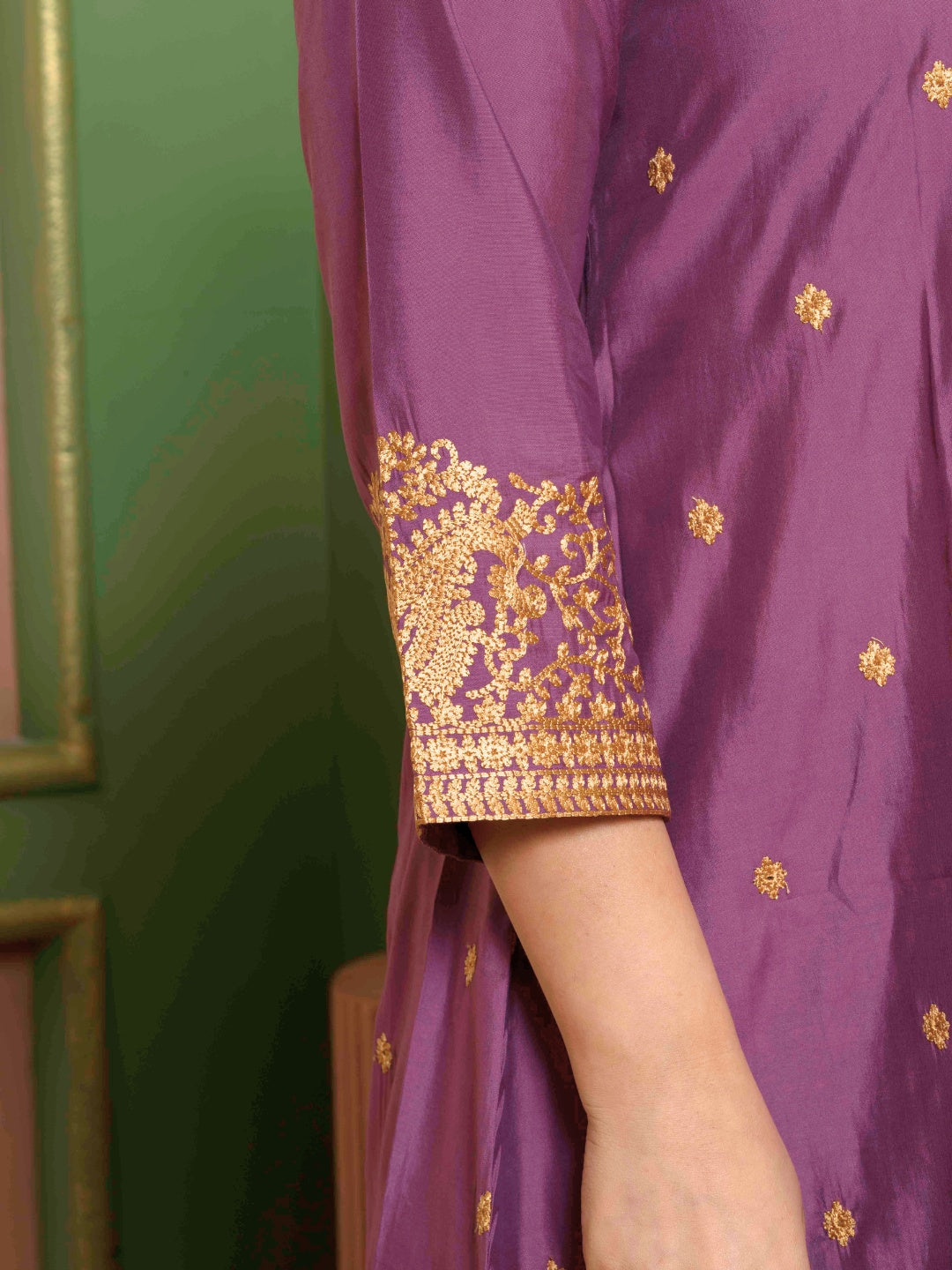 Dusty Plum Kashida Embroidered A-Line Kurta with Farshi Salwar and Dupatta