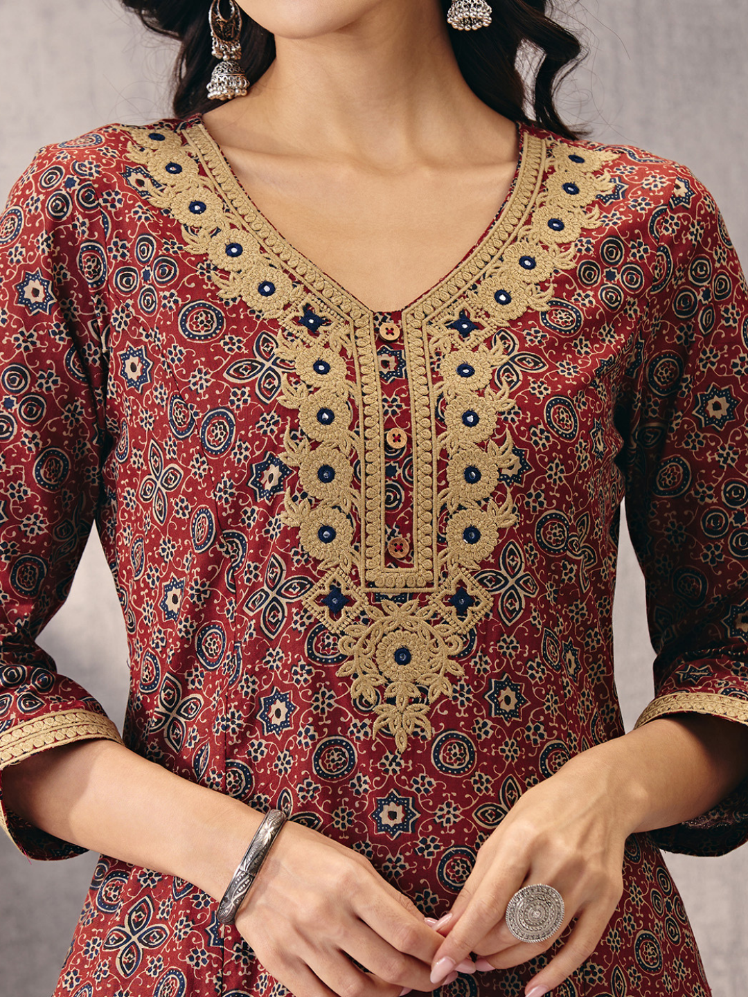 Maroon Sanganeri Block Motifs Kurta with Embroidery