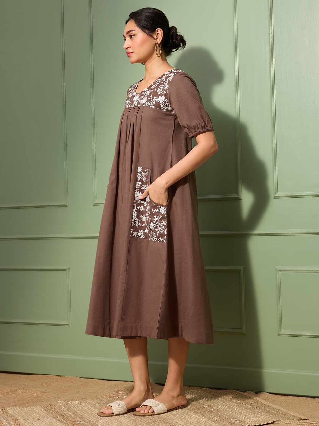 Mocha Brown Cotton Linen Dress A-Line with Parsi Gara Inspired Embroidery