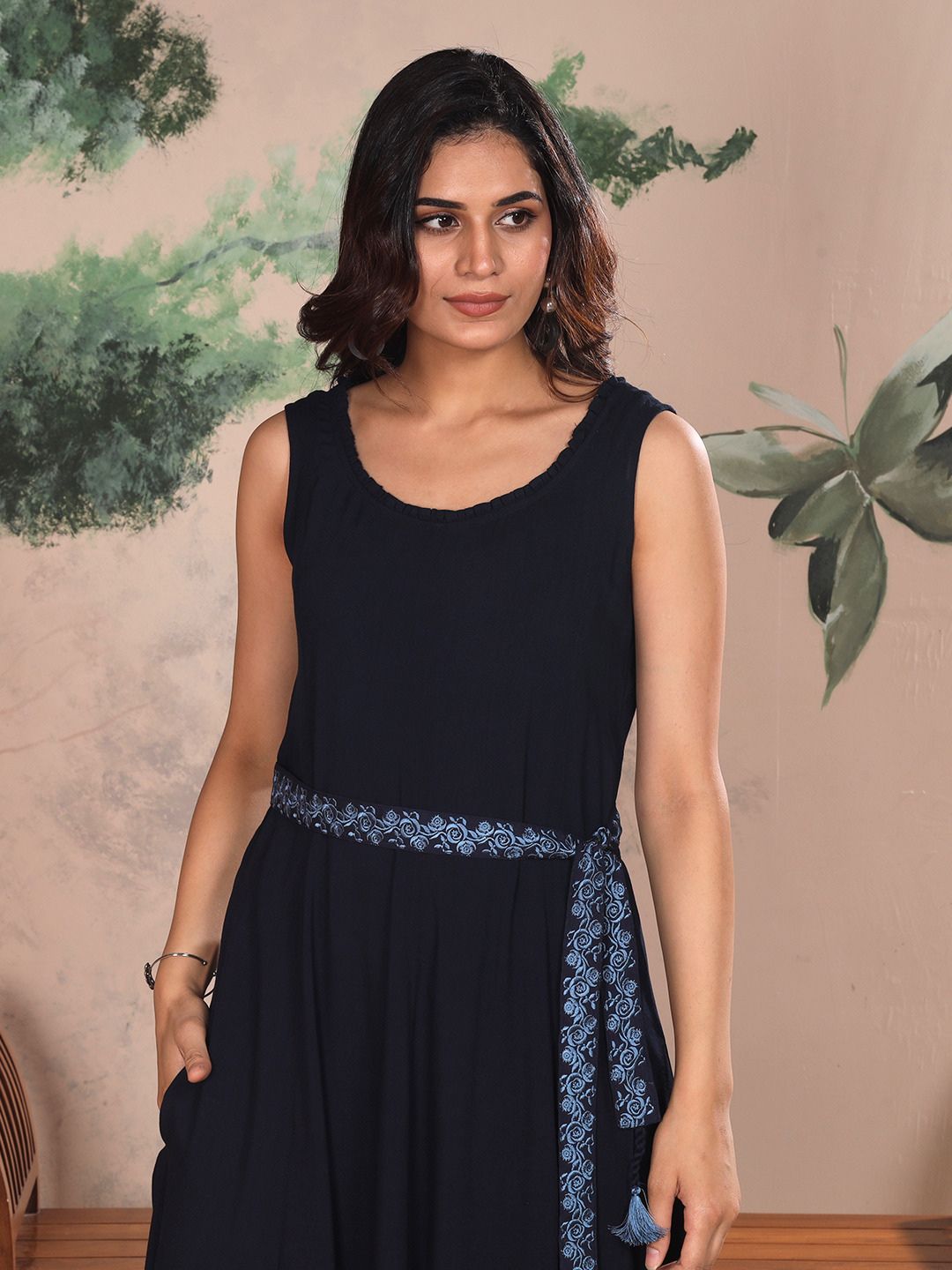 Midnight Navy Blue Parsi Gara Belted A-Line Dress