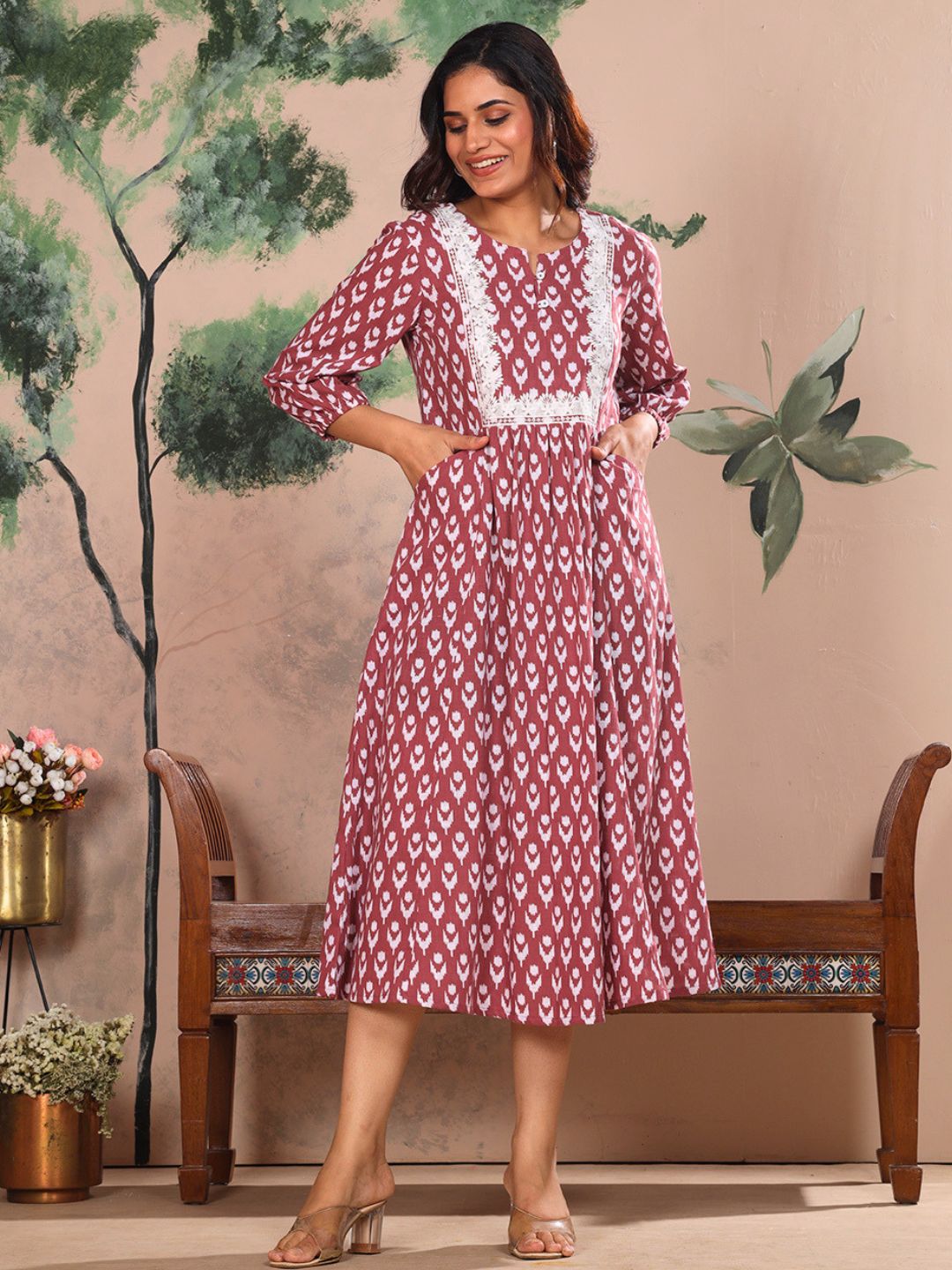 Rosewood Pink Cotton Slub Dress Waist Yoke with Embroidery